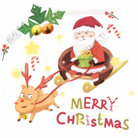 圣诞节手绘卡通红色送礼物的圣诞老人和麋鹿免扣