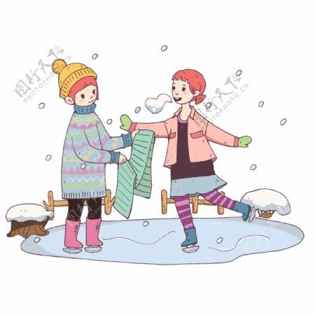 冬季大寒滑冰女孩插画