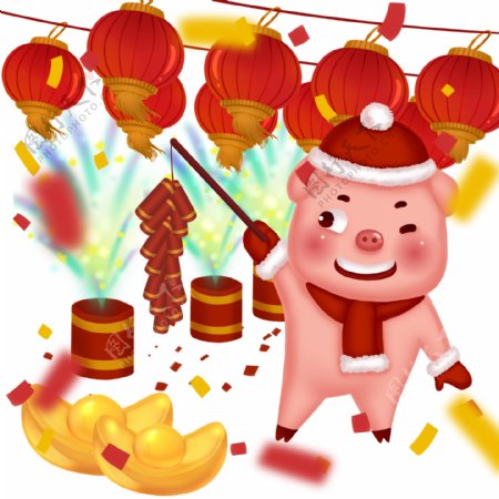 红色2019喜庆猪放鞭炮