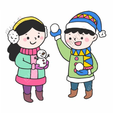 卡通圣诞节冬季雪地堆雪人的小孩子