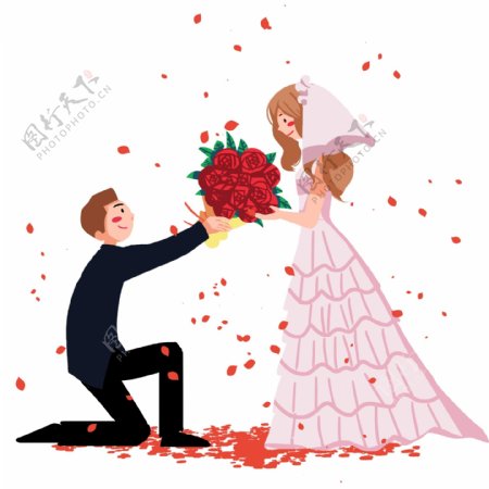 西式婚礼新郎给新娘献花插画