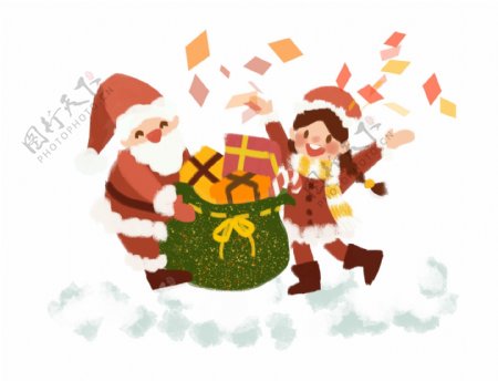 圣诞节手绘卡通可爱圣诞老人女孩发礼物雪地庆祝