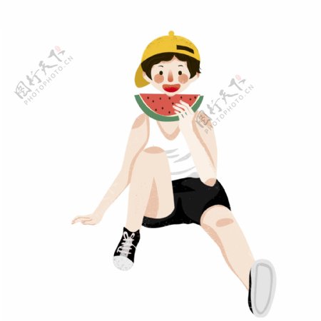 卡通夏天吃西瓜的小男孩插画设计