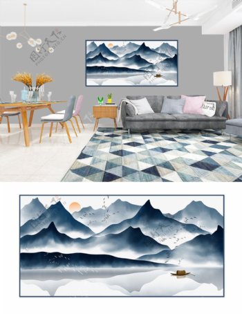 新中式手绘水墨蓝色意境山水画装饰画