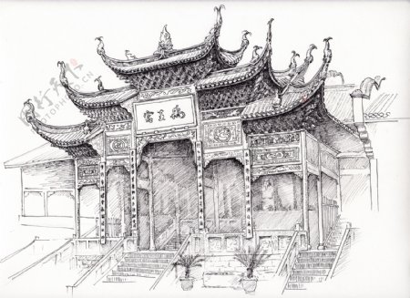 钢笔手绘重庆湖广会馆禹王宫