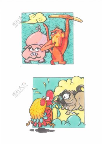 生肖插画元素之猪狗鸡猴