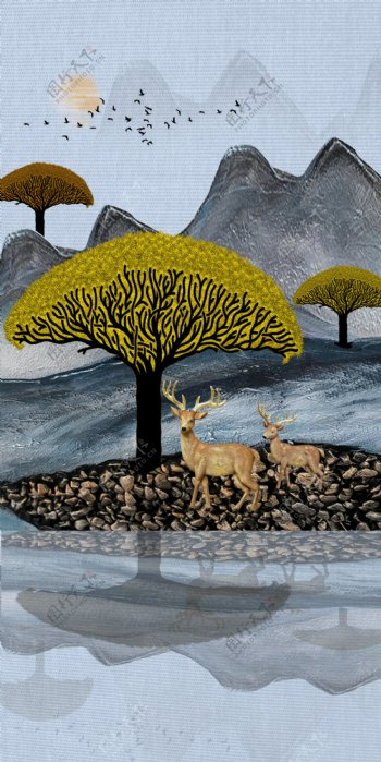 麋鹿树抽象玄关壁画