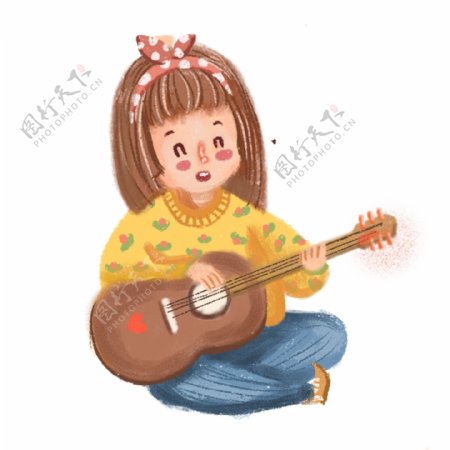 小女孩弹吉他插画