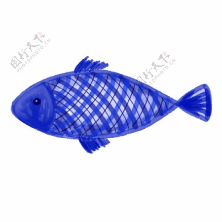 蓝色格子水彩线条鱼装饰图案