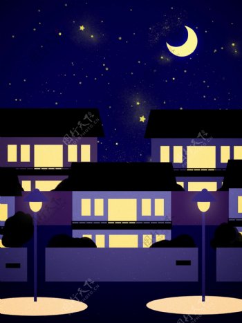 手绘风扁平插画夏日夜晚房屋背景