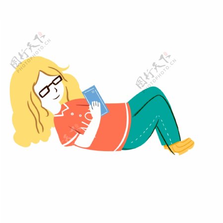 卡通手绘躺着看书的女孩