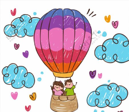 彩绘搭乘热气球的情侣