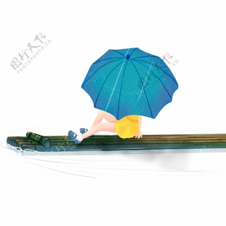 手绘坐在竹筏上撑着伞的女孩