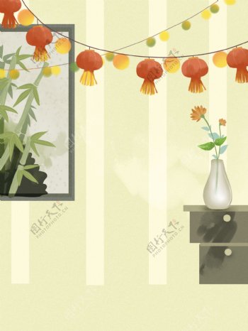 手绘端午节主题灯笼竹子背景设计