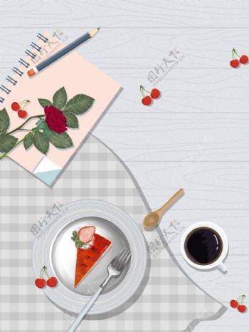 你好5月玫瑰花笔记本早餐背景设计