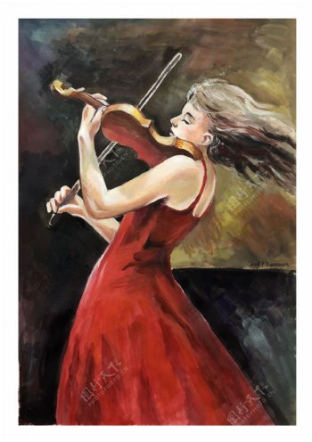 拉小提琴的美女丙烯画