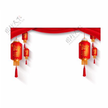 6串红色灯笼和一幕红帘