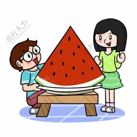 卡通儿童夏季吃大块西瓜png透明底
