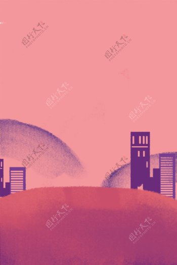 简约卡通粉紫色城市剪影背景