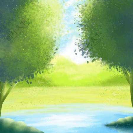 原创手绘小清新卡通山水河流夏季风景背景
