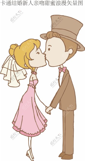 卡通结婚新人亲吻甜蜜浪漫矢量图