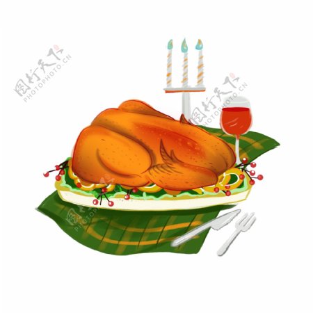 感恩节烤鸡烛台元素手绘
