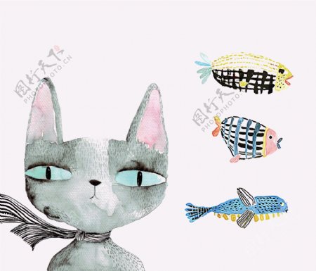 卡通猫鱼装饰画