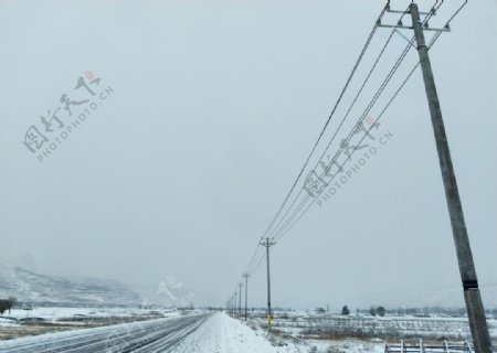 冬天马路边上的输电线路