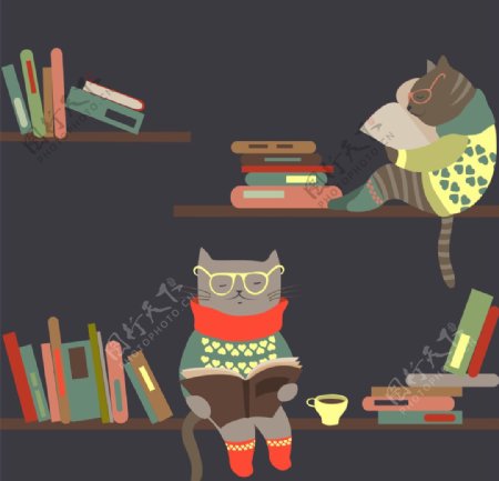 北欧森系动物猫咪看书插画
