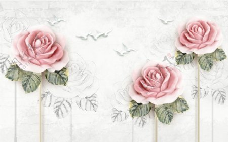 美丽玫瑰花朵白鸽背景墙