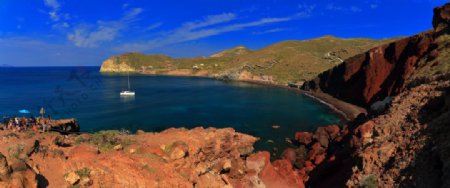 希腊圣托里尼岛红沙滩全景照片