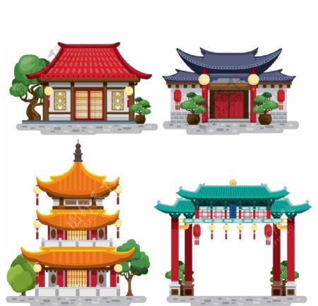 中国传统风格建筑插画