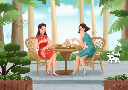 民国复古旗袍女性人物插画素材