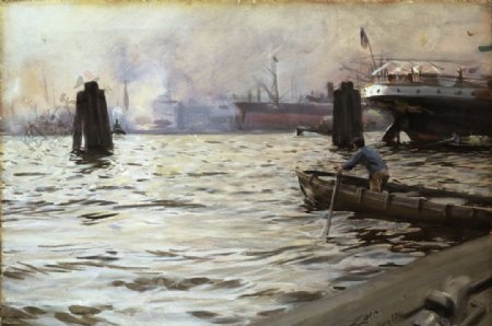 港口码头风景油画
