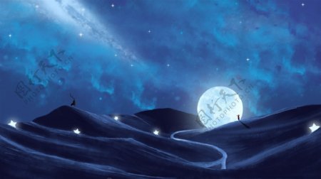 山脉黑夜月亮明月插画卡通背景