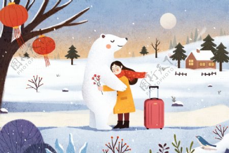 北极熊女性清新插画卡通背景素材