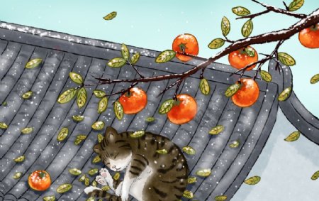 小猫午后屋顶插画卡通背景素材