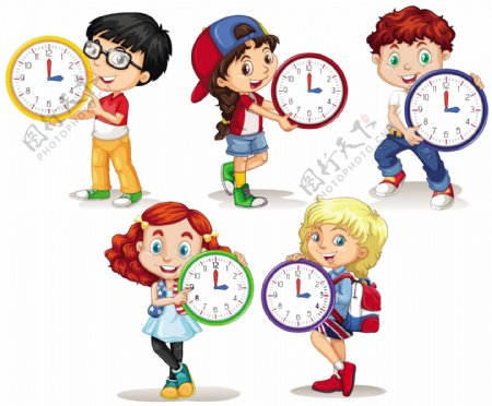 卡通儿童和时钟