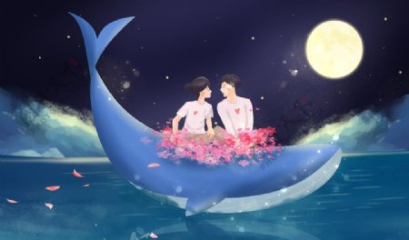鲸鱼情侣人物插画合成背景素材