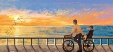 父子海边自行车插画合成海报素材