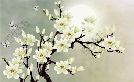 梨花月色海棠花装饰画背景墙