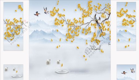 花鸟画银杏树背景墙