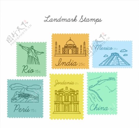 手绘旅游地标邮票图片