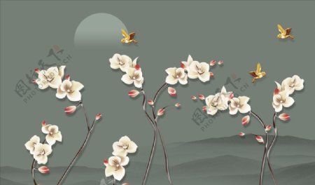 浮雕花玉兰飞鸟背景墙图片