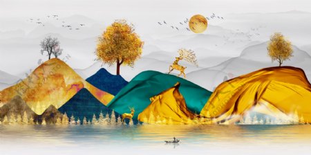 欧式金色山水装饰画图片
