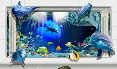 3D立体效果海底世界背景墙图片