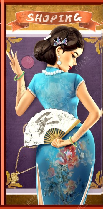 国潮旗袍女人老上海电商海报图片
