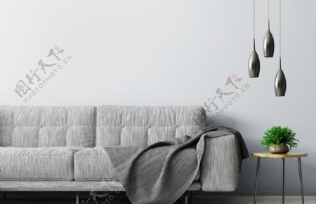 现代室内客厅与灰色沙发木制茶几图片