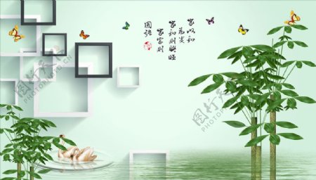 发财树蝴蝶框框天鹅背景墙图片