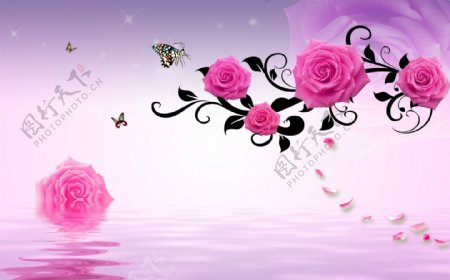 粉色玫瑰倒影时尚背景墙